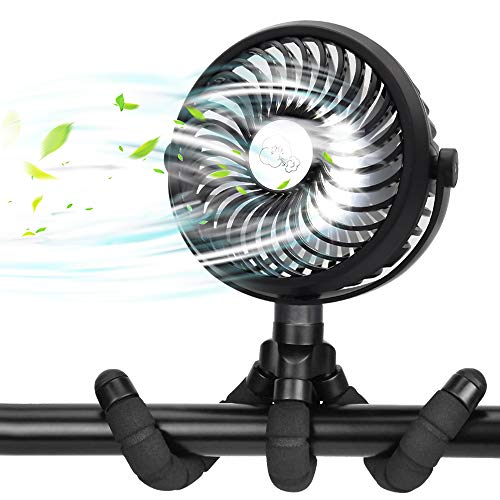 Mini Ventilador portátil, Ventilador de Cochecito alimentado por Batería o Usb, Camping Ventilador con Trípode flexible y Luces LED, flujo de Aire Fuerte pero silencioso, 720 ° ajustable 3 Velocidades