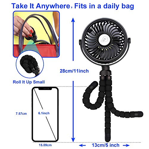 Mini Ventilador portátil, Ventilador de Cochecito alimentado por Batería o Usb, Camping Ventilador con Trípode flexible y Luces LED, flujo de Aire Fuerte pero silencioso, 720 ° ajustable 3 Velocidades