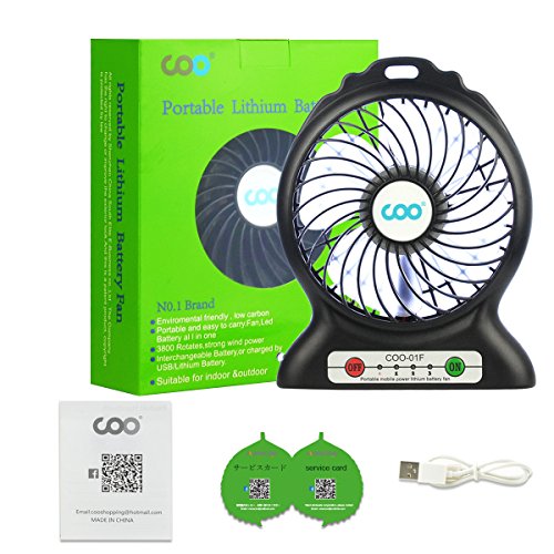 Mini Ventilador USB, COO Mini USB Ventilador de Mesa Recargable con Luz de Flash, Ventiladores de Escritorio Mesa para la Sala Ordenador Portátil Oficina Viaje y al Aire Libre etc (Negro)