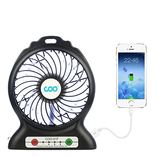 Mini Ventilador USB, COO Mini USB Ventilador de Mesa Recargable con Luz de Flash, Ventiladores de Escritorio Mesa para la Sala Ordenador Portátil Oficina Viaje y al Aire Libre etc (Negro)