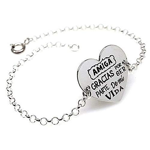 Minoplata Pulsera corazón Plata Amiga Gracias por ser Parte de mi Vida, Joya con Mensaje Ideal para tu Mejor Amiga