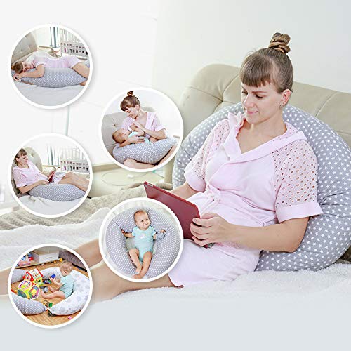 Miracle Baby Almohada Embarazada Multifuncional,Cojines de Lactancia Extraíble y Lavable, Almohada de Lactancia Materna + funda de almohada 100% algodon para Madre y Bebé-190cm x 38cm(gris)
