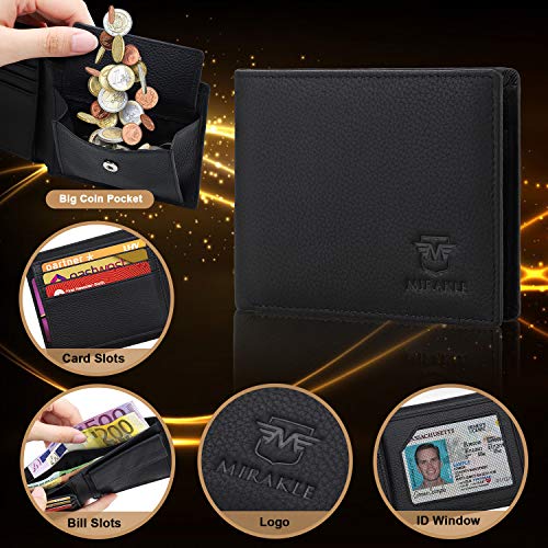 Mirakle Cartera Hombre, Carteras Hombre con Monedero, Cartera Hombre Piel, Billetera Hombre RFID con 10 Ranuras para Tarjetas, 2 Compartimentos para Billetes, 1 Bolsillo Grande para Monedas - Negro