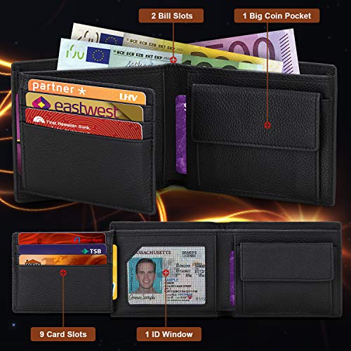 Mirakle Cartera Hombre, Carteras Hombre con Monedero, Cartera Hombre Piel, Billetera Hombre RFID con 10 Ranuras para Tarjetas, 2 Compartimentos para Billetes, 1 Bolsillo Grande para Monedas - Negro