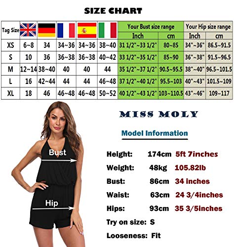 MISS MOLY Mono Mujer Traje de Verano Cuello en V Trajes de Mameluco Correa de Espagueti Sin Mangas Halterneck Jumpsuit Playsuit Negro X-Small