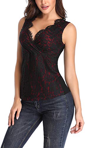 MISS MOLY Mujer Camiseta de Tirantes con Cuello en V Camisas Blusas Encaje Rojo XX-Large