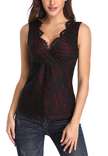 MISS MOLY Mujer Camiseta de Tirantes con Cuello en V Camisas Blusas Encaje Rojo XX-Large