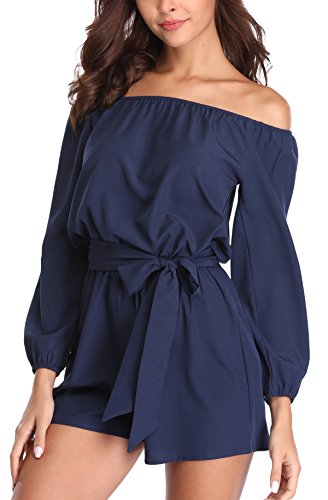 MISS MOLY Mujer Mono Elegante Cortos Verano Fuera del Hombro Casual Pantalones Ropa Vestir Cintura Alta Vendaje Ajustado Sexy Trajes Azul Medium