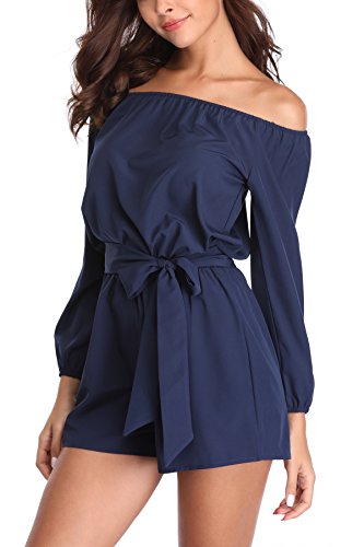 MISS MOLY Mujer Mono Elegante Cortos Verano Fuera del Hombro Casual Pantalones Ropa Vestir Cintura Alta Vendaje Ajustado Sexy Trajes Azul Medium