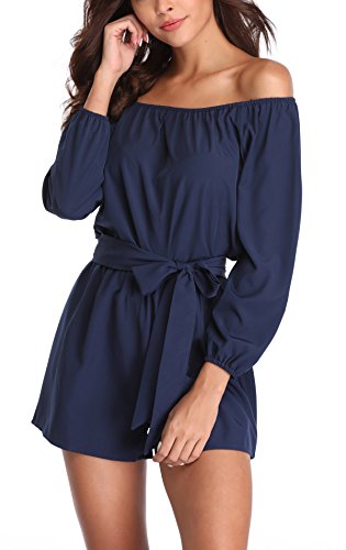 MISS MOLY Mujer Mono Elegante Cortos Verano Fuera del Hombro Casual Pantalones Ropa Vestir Cintura Alta Vendaje Ajustado Sexy Trajes Azul Medium