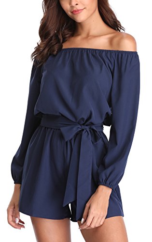 MISS MOLY Mujer Mono Elegante Cortos Verano Fuera del Hombro Casual Pantalones Ropa Vestir Cintura Alta Vendaje Ajustado Sexy Trajes Azul Medium