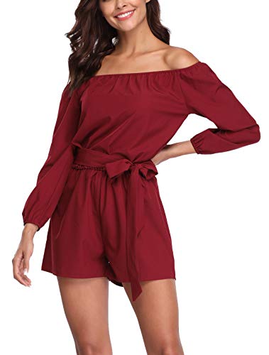 MISS MOLY Mujer Mono Elegante Cortos Verano Fuera del Hombro Casual Pantalones Ropa Vestir Cintura Alta Vendaje Ajustado Sexy Trajes Rojo Medium