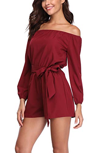 MISS MOLY Mujer Mono Elegante Cortos Verano Fuera del Hombro Casual Pantalones Ropa Vestir Cintura Alta Vendaje Ajustado Sexy Trajes Rojo Medium