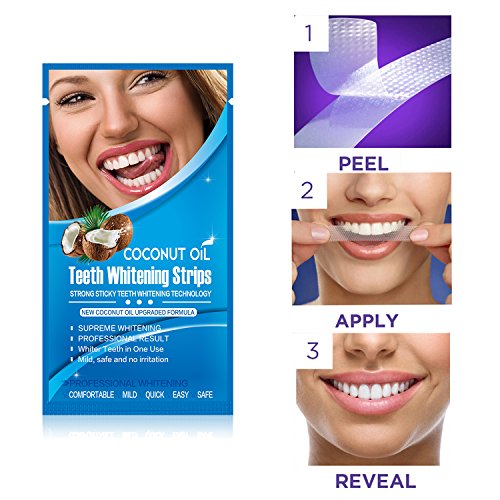 MitButy Tiras Blanqueadoras de Dientes con Aceite de Coco Natural, 28 Tiras Blanqueadoras Antideslizantes – Tiras de Blanqueamiento Dental Profesionales con Efectos Seguros Para 14 Tratamientos