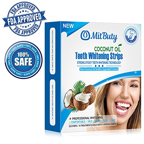 MitButy Tiras Blanqueadoras de Dientes con Aceite de Coco Natural, 28 Tiras Blanqueadoras Antideslizantes – Tiras de Blanqueamiento Dental Profesionales con Efectos Seguros Para 14 Tratamientos