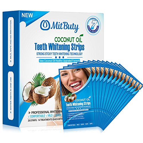 MitButy Tiras Blanqueadoras de Dientes con Aceite de Coco Natural, 28 Tiras Blanqueadoras Antideslizantes – Tiras de Blanqueamiento Dental Profesionales con Efectos Seguros Para 14 Tratamientos