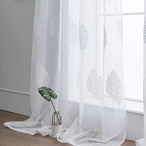 MIULEE 2 Unidades Cortinas Bordado Translucida de Dormitorio Moderno Ventana Visillos Rayas Salon Paneles con Ojales Plateados para Sala Cuarto Comedor Salon Cocina Habitación 140x245 cm Blanco