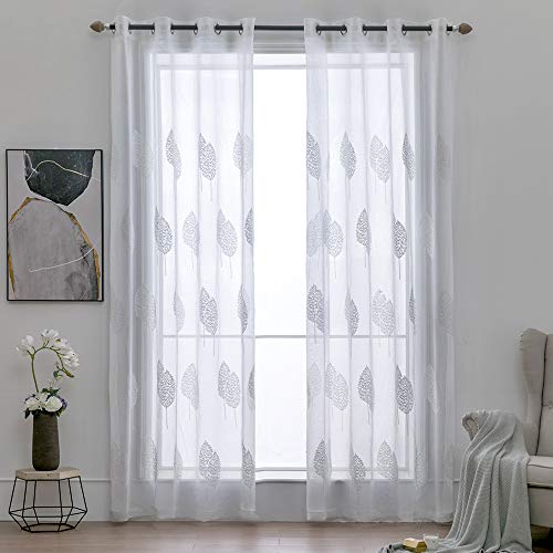 MIULEE 2 Unidades Cortinas Bordado Translucida de Dormitorio Moderno Ventana Visillos Rayas Salon Paneles con Ojales Plateados para Sala Cuarto Comedor Salon Cocina Habitación 140x245 cm Blanco