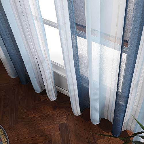 MIULEE Cortina Bordada Translucida de Dormitorio Moderno Visillo Rayado Paneles con Ojales Plateados para Ventana Salón Comedor Sala de Estar Cocina Dormitorio 140x225 cm Celeste y Azul Oscuro
