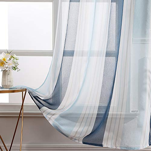 MIULEE Cortina Bordada Translucida de Dormitorio Moderno Visillo Rayado Paneles con Ojales Plateados para Ventana Salón Comedor Sala de Estar Cocina Dormitorio 140x225 cm Celeste y Azul Oscuro