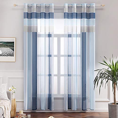 MIULEE Cortina Bordada Translucida de Dormitorio Moderno Visillo Rayado Paneles con Ojales Plateados para Ventana Salón Comedor Sala de Estar Cocina Dormitorio 140x225 cm Celeste y Azul Oscuro