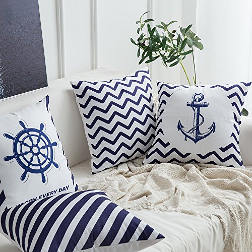 MIULEE Juego de 4 Lino Cojines Estilo Marino Funda de Cojín Almohada Caso de Decorativo Cojines para Sala de Estar sofá Cama18 x18 Pulgadas 45x45cm