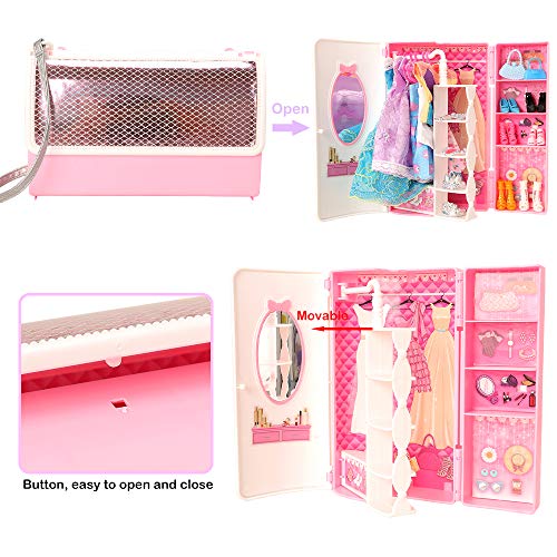 Miunana 39 Accesorios para 11.5 Pulgada 30CM Muñeca: 1 Armario + 11 Vestidos Ropa + 5 PCS Zapatos + 10 Perchas + 6 Collares + 6 Coronas