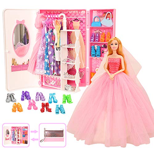 Miunana 39 Accesorios para 11.5 Pulgada 30CM Muñeca: 1 Armario + 11 Vestidos Ropa + 5 PCS Zapatos + 10 Perchas + 6 Collares + 6 Coronas