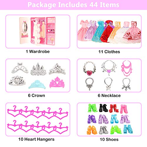 Miunana 39 Accesorios para 11.5 Pulgada 30CM Muñeca: 1 Armario + 11 Vestidos Ropa + 5 PCS Zapatos + 10 Perchas + 6 Collares + 6 Coronas