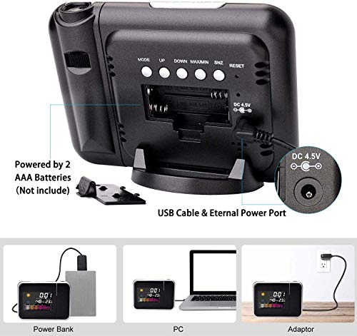 Mmester Reloj de proyección Digital,LED Alarma, Reloj Modern Reloj Despertador Colourful Pantalla LCD Estación USB Meteorológica Termómetro Higrómetro Funciones de Repetición (Negro)