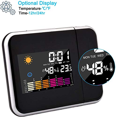 Mmester Reloj de proyección Digital,LED Alarma, Reloj Modern Reloj Despertador Colourful Pantalla LCD Estación USB Meteorológica Termómetro Higrómetro Funciones de Repetición (Negro)