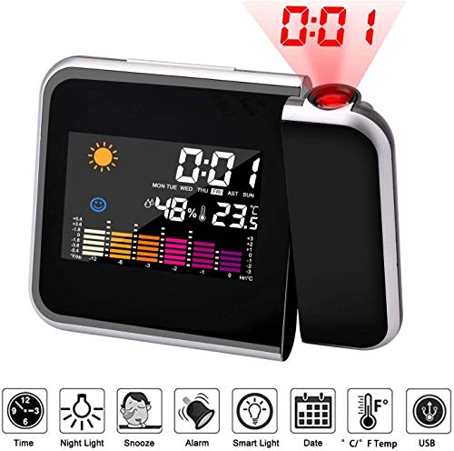 Mmester Reloj de proyección Digital,LED Alarma, Reloj Modern Reloj Despertador Colourful Pantalla LCD Estación USB Meteorológica Termómetro Higrómetro Funciones de Repetición (Negro)