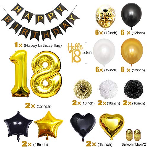 MMTX 18 Globos Cumpleaños Decoracione Oro Negro, Happy Birthday cumpleaños, Pompones de Papel, Globos de Papel de Oro para Hombres y Mujeres Adultos Decoración de Fiesta