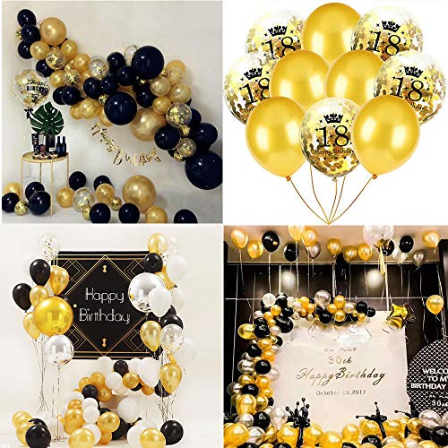 MMTX 18 Globos Cumpleaños Decoracione Oro Negro, Happy Birthday cumpleaños, Pompones de Papel, Globos de Papel de Oro para Hombres y Mujeres Adultos Decoración de Fiesta