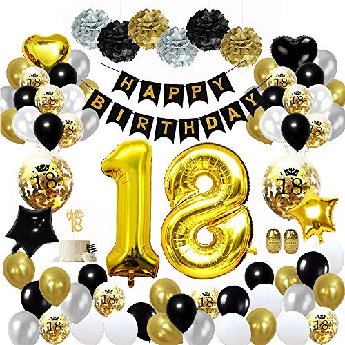 MMTX 18 Globos Cumpleaños Decoracione Oro Negro, Happy Birthday cumpleaños, Pompones de Papel, Globos de Papel de Oro para Hombres y Mujeres Adultos Decoración de Fiesta