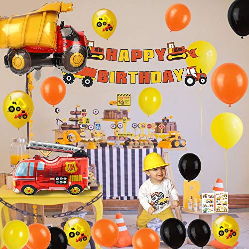 MMTX Decoracion Cumpleaños Globos de Feliz Cumpleaños Primer Cumpleaños Niño 1 año con Guirnalda Cumpleaños, Vehículo Camión Bomberos Globo de Aluminio, Suministros para Fiestas de Construcción(58pcs)
