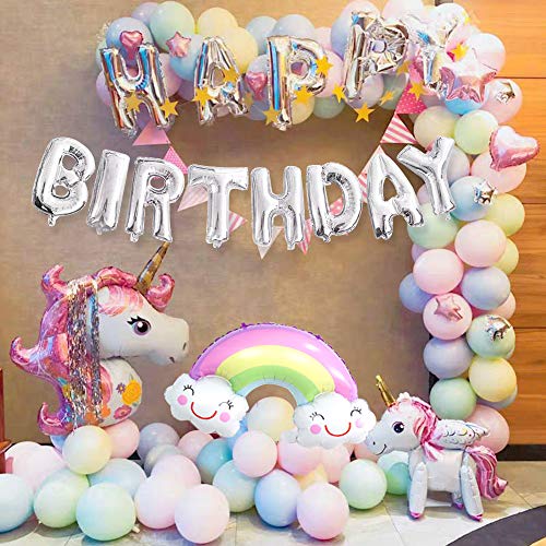 MMTX Unicornio Fiesta Decoración para mujer niña cumpleaños Fiesta,3D Unicornio Globos Cake Toppers Macaron Fiesta Globos Pennant Banner para Fiesta de cumpleaños Ducha Bodas Festival Decoración