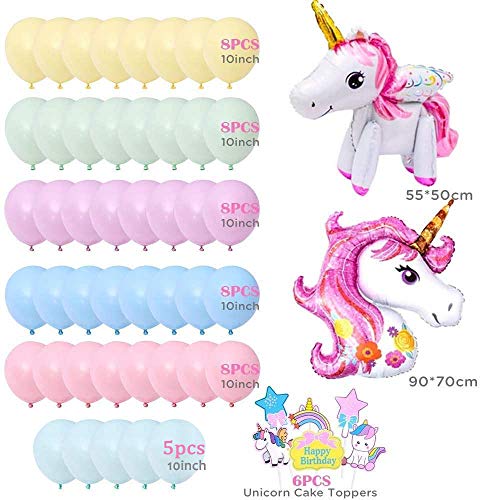 MMTX Unicornio Fiesta Decoración para mujer niña cumpleaños Fiesta,3D Unicornio Globos Cake Toppers Macaron Fiesta Globos Pennant Banner para Fiesta de cumpleaños Ducha Bodas Festival Decoración