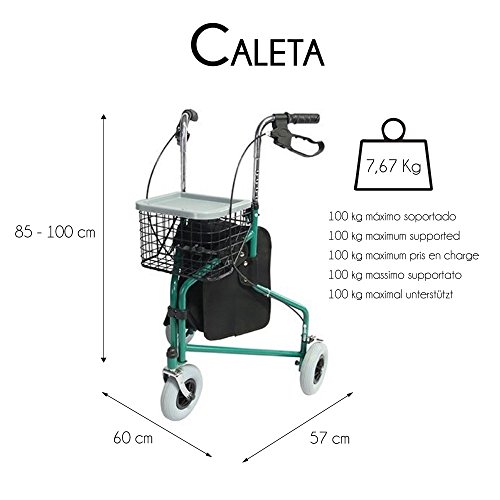 Mobiclinic, Modelo Caleta, Andador para adultos, mayores, minusválidos o ancianos, de acero, ligero, plegable, con cesta y 3 ruedas, Color Verde