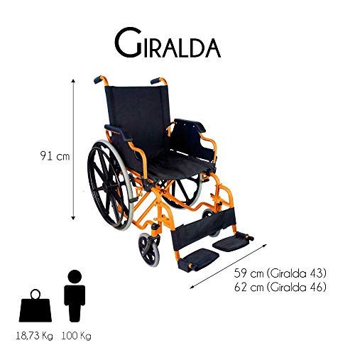 Mobiclinic, modelo Giralda, Silla de ruedas para minusválidos, premium, plegable, ortopédica, reposapiés, reposabrazos, color Naranja, asiento 43 cm, ultraligera