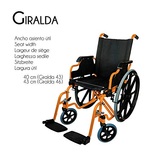 Mobiclinic, modelo Giralda, Silla de ruedas plegable, ortopédica, para minusválidos, reposapiés y reposabrazos extraíbles, color Naranja, asiento 46 cm, ultraligera