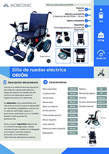 Mobiclinic, modelo Orión, Silla de ruedas eléctrica, plegable, acero, con motor, para discapacitados, minusválidos, ancianos, ortopedica, para mayores, autonomía 30 km, 24V, color Azul y Negro