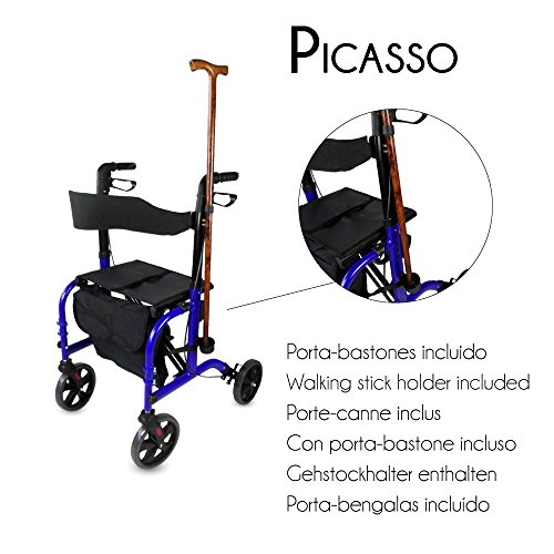 Mobiclinic, Modelo Picasso, Andador para mayores, minusválidos, adultos o ancianos, rollator, caminador, andador y silla de ruedas, aluminio, ligero, plegable, con asiento y 4 ruedas, azul