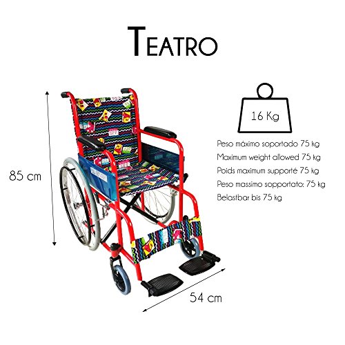 Mobiclinic, modelo Teatro, Silla de ruedas ortopédica, plegable, para minusválidos, freno en manetas, reposapiés y reposabrazos extraíbles, Rojo tapicería estampada, asiento, ultraligera