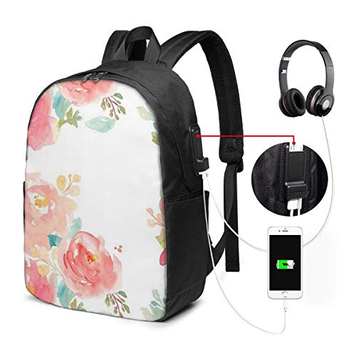 Mochila Escolar USB con Ramo de Acuarela de peonías JDQP, Mochila de Lona de Gran Capacidad, Mochila de Viaje Informal para Adultos, Adolescentes, Mujeres, Hombres, 17 Pulgadas