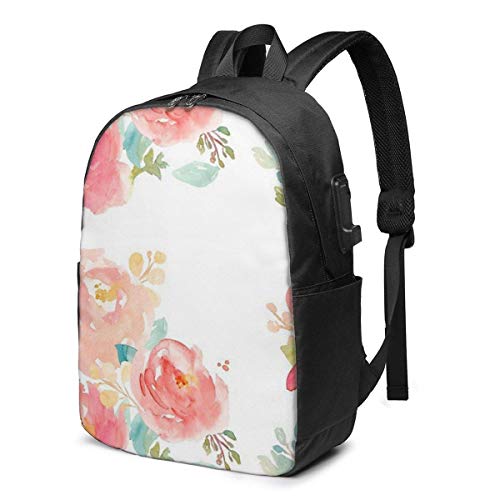 Mochila Escolar USB con Ramo de Acuarela de peonías JDQP, Mochila de Lona de Gran Capacidad, Mochila de Viaje Informal para Adultos, Adolescentes, Mujeres, Hombres, 17 Pulgadas