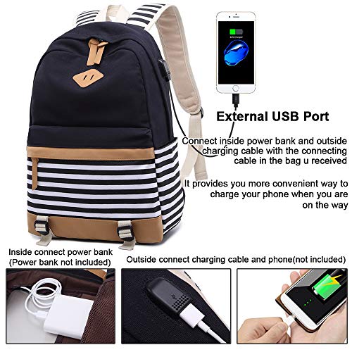Mochila Escolares Mujer Mochila de Lona Casual Backpack Laptop Mochila para Ordenador Portátil 15.6 Pulgadas, USB Charging Port - 2 Packs (Negro)