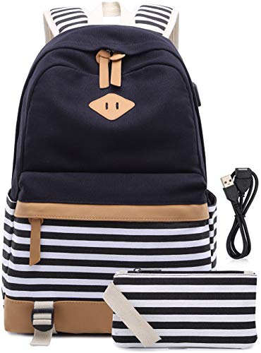 Mochila Escolares Mujer Mochila de Lona Casual Backpack Laptop Mochila para Ordenador Portátil 15.6 Pulgadas, USB Charging Port - 2 Packs (Negro)