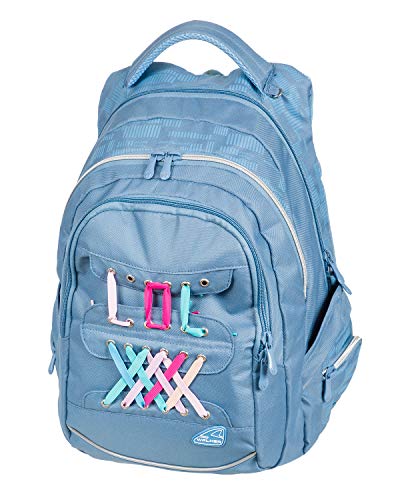 Mochila Fame Laces en Color Azul Claro, con 3 Compartimentos, Bolsillos Laterales, Acolchado Transpirable y Correa en el Pecho, Aprox. 44 x 32 x 24 cm, 32 litros.