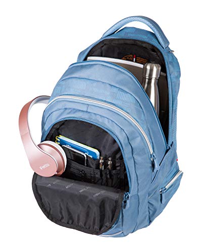 Mochila Fame Laces en Color Azul Claro, con 3 Compartimentos, Bolsillos Laterales, Acolchado Transpirable y Correa en el Pecho, Aprox. 44 x 32 x 24 cm, 32 litros.